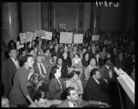 Chavez Ravine property owners protest Elysian Park public housing development, Los Angeles, 1951