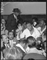 Sugar Ray Robinson after bout with Carl (Bobo) Olson, Los Angeles, 1956