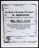 Certificate of appreciation awarded to Betty Hill in gratitude for her leadership in bringing improvements to Will Rogers Park in Watts, 1955