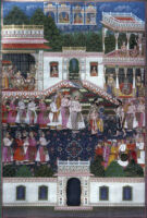 Parasurama, Rama and Lakshmana and Vishvamitra discussing breaking of Shiva's bow arriving at Janaka's court