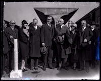 Explorer Roald Amundsen with group after disembarking at Union Station, Los Angeles, 1926