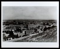 Panoramic view of the Los Angeles Plaza with the 3-story Pico House at the center of the photo, Los Angeles, 1876