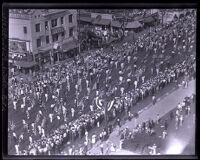 Flag-bearers proceed down Ocean Boulevard during American Legion Parade, Long Beach, 1931