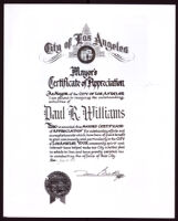 Mayor's certificate of appreciation presented to Paul R. Williams, 1974