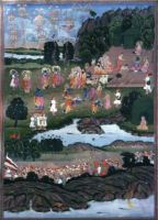 Bharata touching Rama's feet, gods showering flowers from the skies