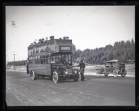 Double-decker bus on the road, Los Angeles, circa 1924