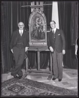 Art dealers Axel and Jacob Beskow with Giovanni Turini's "Madonna and Child" painting at the Los Angeles Museum, Los Angeles, 1931