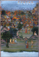 Rama fighting the rakshasas; Lakshmana, Sita and Rama