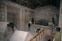 ARCE staff visit, viewing sarcophagus box assembly in final display site