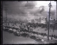 Aerial view outside an auto show during a fire, Los Angeles, 1929