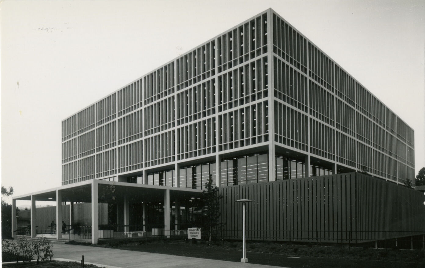 Post card feating an off angle view of the University Research Library
