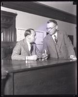 Jacob Berman in a witness stand questioned by chief deputy district attorney Robert Stewart, Los Angeles, 1928-1930