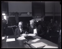 Asa Keyes with attorney Paul Schenck during the Keyes bribery trial, Los Angeles, 1929 
