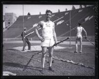Pole vaulter Lee Barnes in his "SC" practice uniform at the Coliseum, Los Angeles, 1924-1928