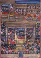 Mandodari imploring before Ravana to make peace with Rama; Prahasta desisting Ravana from war