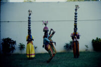 Om Periyaswamy dance troupe - Karakāṭṭam dance with dancer in a karana pose as two dancers balance clay pots on their heads, Madurai (India), 1984