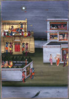 Hanumana in Ashoka Vatika looking at Sita surrounded by rakshasis
