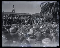 Outdoor funeral service at a burial site after the collapse of the Saint Francis Dam, Santa Clara River Valley (Calif.), 1928