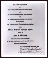 Tribute to Paul R. Williams from the Connectional Layman's Organization of the African Methodist Episcopal Church, 1963