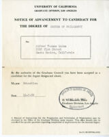 Notice of Advancement to Candidacy for the Degree of PhD