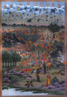 Rama fighting rakshasas in a battle; Shurpanakha observing the battle