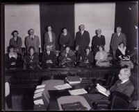 Jury and attorney Jerry Geisler at the kidnapping of Zeke Caress trial, Los Angeles, circa 1931