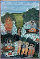 Shiva burning Kama, Rati begging Shiva, gods and sages requesting Shiva to marry