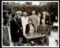 Drs. Vada and John Somerville holding a gathering in their backyard, Los Angeles, 1950s-1960s