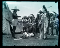 Crown Prince Gustav Adolf of Sweden with Arapaho tribe members and Tim McCoy at MGM studio, Culver City, 1926  
