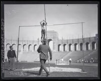 Lee Barnes pole vaulting at the Coliseum, Los Angeles, 1924-1928