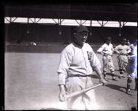 Baseball player Doc Crandall holding a bat at Washington Park, Los Angeles, 1917-25