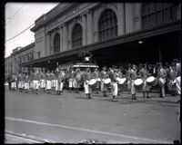 Drum and bugle corps in the American Legion Parade, Downtown Los Angeles, circa 1930