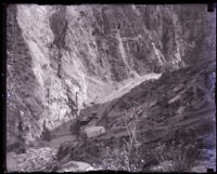 Looking down on construction of the Santa Anita Dam, Sierra Madre, 1920s 
