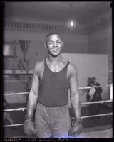 Vic Alexander smiling in a boxing ring, Los Angeles, circa 1920