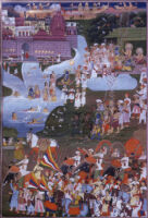 Bharata taking leave of Bhardvaja; Indra showering flowers on him, Bharata moving towards Rama on foot