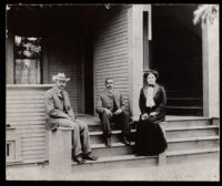 James Slaughter, John Martin Scott and Margaret D. Scott on the steps of Scott Hall, Los Angeles, circa 1905