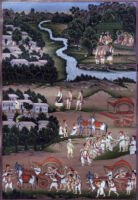 Rama conversing with sages; King Guha, Sumantra and four bhilas