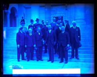 Mayor George E. Cryer with a group of British editors on the steps of City Hall, Los Angeles, 1928