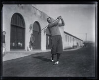 Golfer Leo Diegel mid swing, Los Angeles, 1920s 
