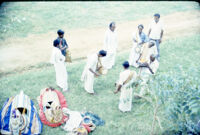 Om Periyaswamy with Nāiyāndī Mēḷam musicians with instruments, Madurai (India), 1984
