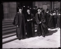 Graduation ceremony speakers Ernest C. Moore, Rabbi Edgar F. Magnin and Clifford L. Barrett at UCLA, Los Angeles, 1931