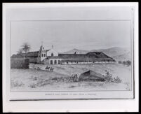 Drawing of the San Diego Mission (copy photo made 1930-1989)