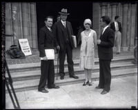 Sir Herbert Brown Ames with three students at the University of Southern California, Los Angeles, 1929