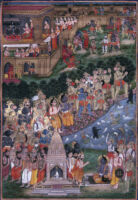 Ravana in his palace with Mandodari in Lanka; Rama at the bridge