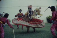 Om Periyaswamy dance troupe - Madurai Om Periyaswamy wears a poikkal kuthirai costume, Madurai (India), 1984