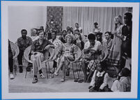 Public attending poetry recital of the Swedish Embassy, Gaborone, Botswana, 1980