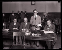 Attorneys Buron Fitts, William E. Simpson, William J. Clark and Robert P. Stewart during the Asa Keyes bribery trial, Los Angeles, circa 1928
