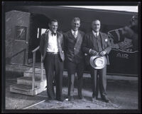 Pilot George K. Rice poses in front the Western Air Express with Albert W. Bieber and James J. Leary, circa 1929-1930