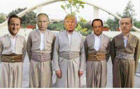 Trump, Hollande, Putin, Cameron, and Erdogan wearing Kurdish clothes