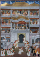 Rama and Sita taking leave of Kausalya (top left); Dasharatha